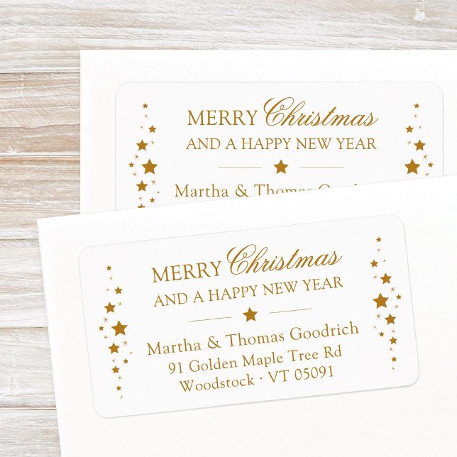 Etiqueta Elegante Script Natal Dourado Stars Endereço de De (Elegant, festive Merry Christmas and a Happy New Year return address label with golden stars.)