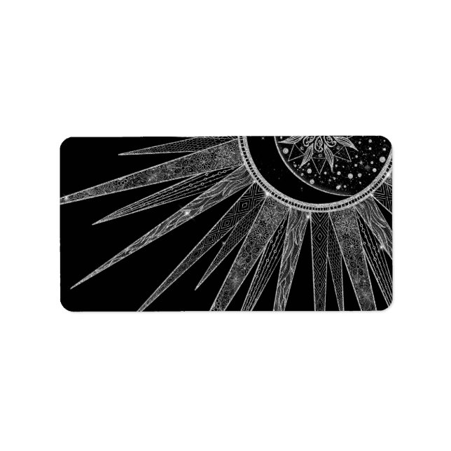 Etiqueta Elegante Silver Sun Moon Mandala Black Design (Frente)