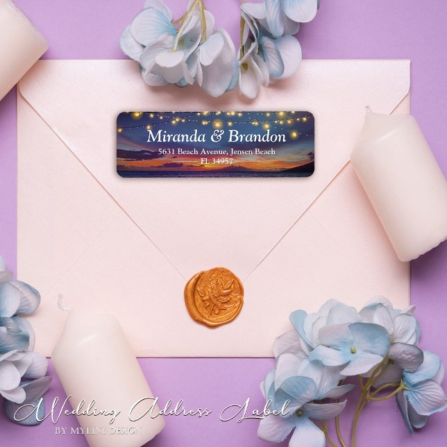 Etiqueta Elegante String Lights Summer Sunset Beach Endereç (Criador carregado)