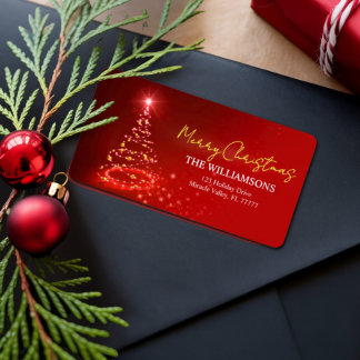 Etiqueta Elegante Vermelho Branco e Nome de Férias de Natal