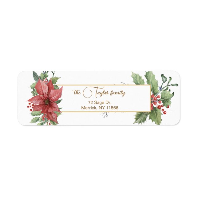 Etiqueta Elegante Watercolor Poinsettias & Holly (Frente)