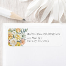 Elegantes Flores em Aquarela Amarelo Pêssego Verde
