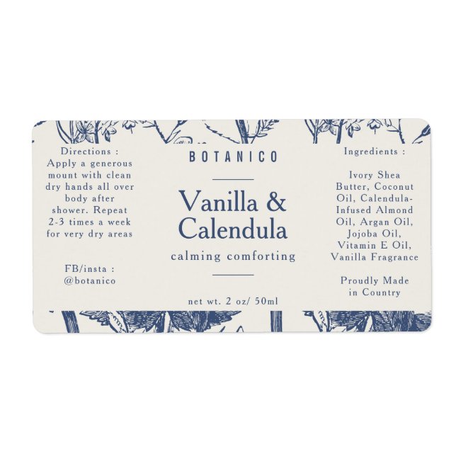 Etiqueta Embalagem Natural de Creme Azul Ingredientes Botân (Frente)
