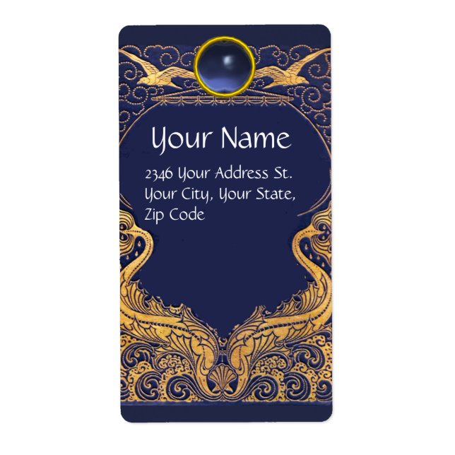 Etiqueta Embarcação Antica,Golfinhos,Dourado,Monograma Azul (Frente)