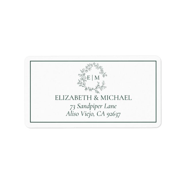 Etiqueta Emerald Green Leafy Crest Monograma Endereço Casal (Frente)