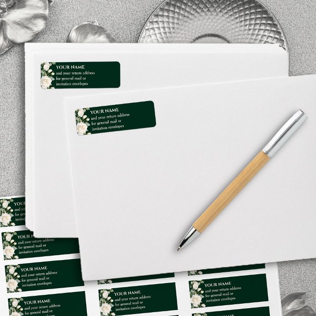 Etiqueta Emerald Green White Roses Endereço de Devolução (Return Address Labels from the Princess Dress and Roses Quinceanera Collection by Darling & May)