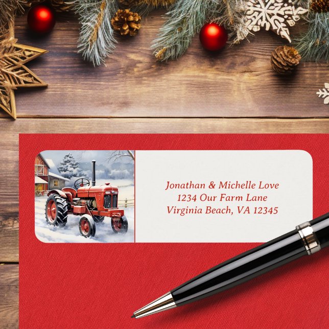 Etiqueta Endereço antigo da Fazenda Red Trator Snowy Winter (Old Red Tractor Snowy Winter Farm Address Label)