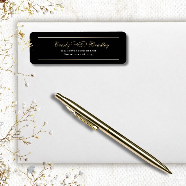 Etiqueta Endereço Chic Preto Mínimo Fundo Branco Dourado (Criador carregado)