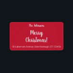 Etiqueta Endereço da Família Modern Red Merry Christmas<br><div class="desc">Esta é uma etiqueta de endereço de volta de Natal vermelho moderna. Ela tem a mensagem "Feliz Natal!", "Os Johnsons" e um endereço de retorno em um roteiro de tipografia branco-na moda. Para personalizar, basta adicionar o nome e o endereço da sua família na caixa de texto personalizar este texto....</div>