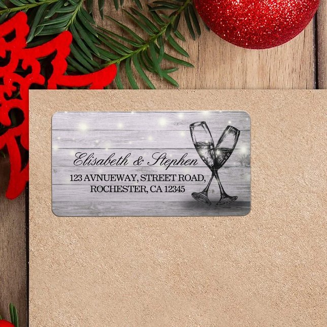 Etiqueta Endereço de Casamento Champagne Glass Wood String  (Criador carregado)