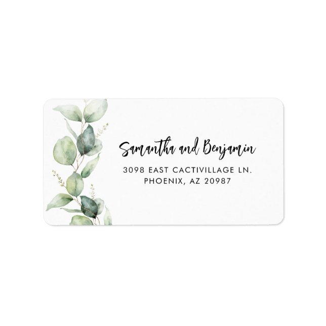Etiqueta Endereço de Casamento Eucalyptus de Script Moderno (Frente)