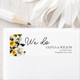 Etiqueta Endereço de Casamento Floral Amarelo e Branco Eleg