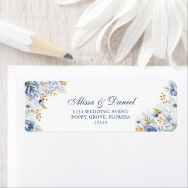 Etiqueta Endereço de Casamento Floral Azul e Dourado Modern