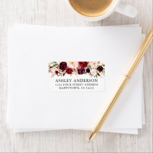 Etiqueta Endereço de Casamento Floral de Watercolor Burgund