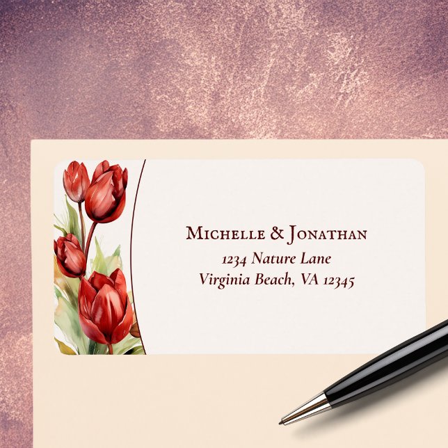 Etiqueta Endereço de Casamento Floral do Primavera de Tulip (Watercolor Red Tulip Spring Floral Wedding Address Label)