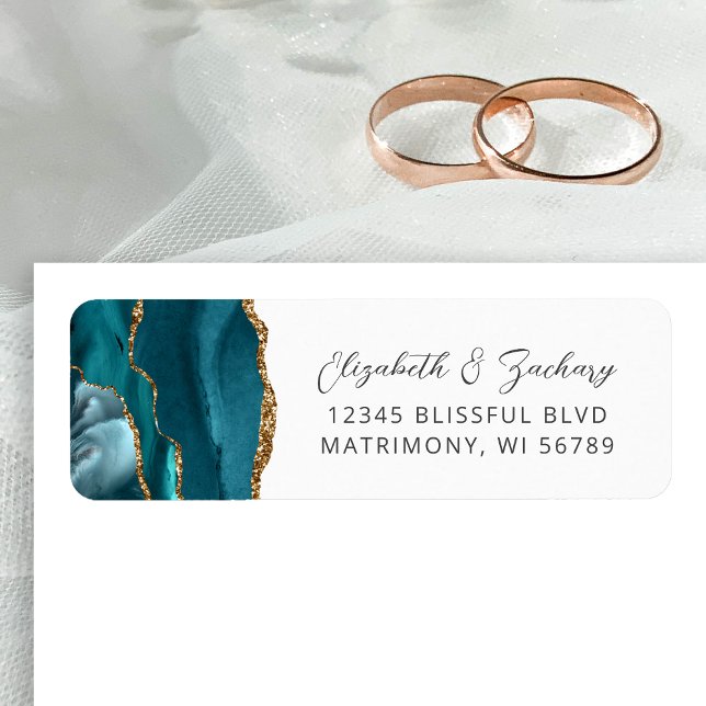 Etiqueta Endereço de Devolução de Casamento Ágata Azul Teal (Criador carregado)