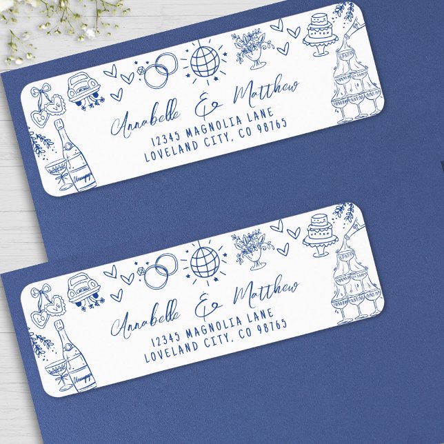 Etiqueta Endereço de Devolução de Casamento Azul Caprichoso (Hand Drawn Whimsical Blue Wedding Return Address label )