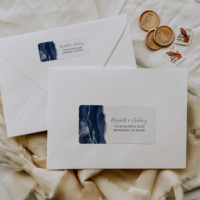 Etiqueta Endereço de Devolução de Casamento Azul Navy Prate (Criador carregado)