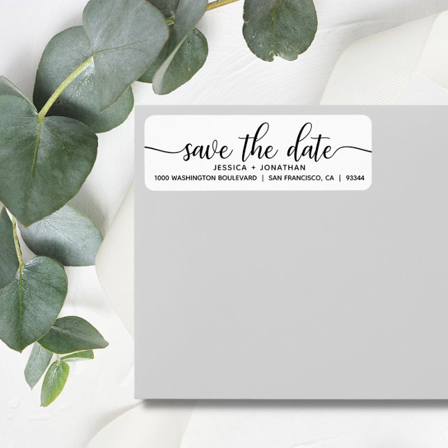 Etiqueta Endereço de Devolução de Casamento Branco Preto SA (White Black SAVE THE DATE Wedding Return Address Label)