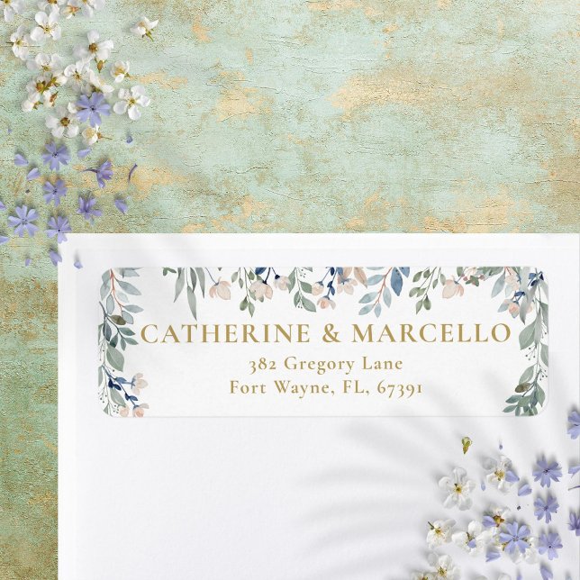 Etiqueta Endereço de devolução de casamento Dourado em Casc (Floral Cascade Gold Wedding Return Address Label)