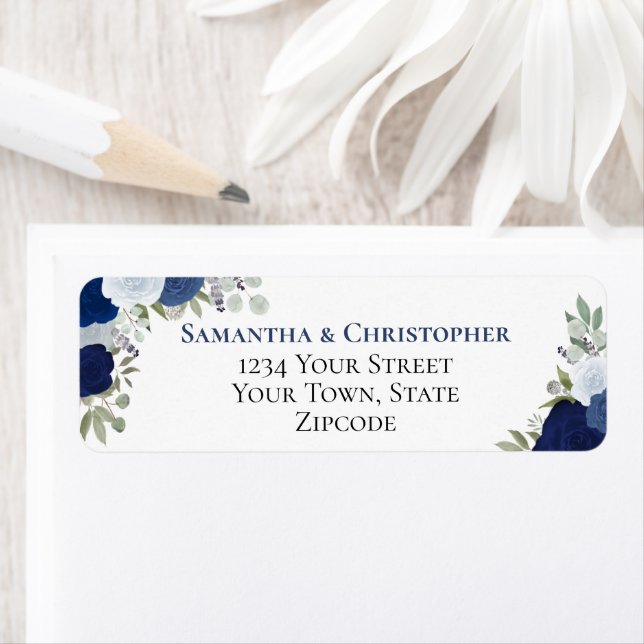 Etiqueta Endereço de Devolução de Casamento Floral Azul Ele (Insitu)
