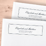 Etiqueta Endereço de Devolução de Casamentos Elegantes Clás<br><div class="desc">Composto de simples quadros revestidos de hetero com script cursivo clássico e tipografia serif. Tudo contra um pano de fundo de branco puro. Esses elementos são simples,  eternos e clássicos. Este foi projetado pelo White Paper Birch Co. exclusivo para Zazzle. Disponível aqui: http://www.zazzle.com/store/whitepaperbirch</div>