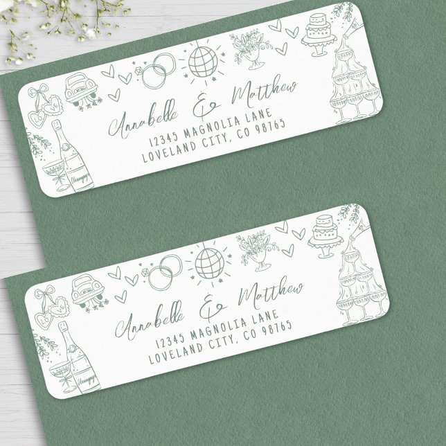 Etiqueta Endereço de Devolução de Casamentos Verdes Imísico (Hand Drawn Whimsical Green Wedding Return Address label )