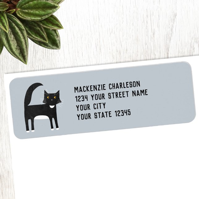 Etiqueta Endereço de Devolução de Gato Preto e Branco (Fun black and white Tuxedo Cat personalized custom text return address label)