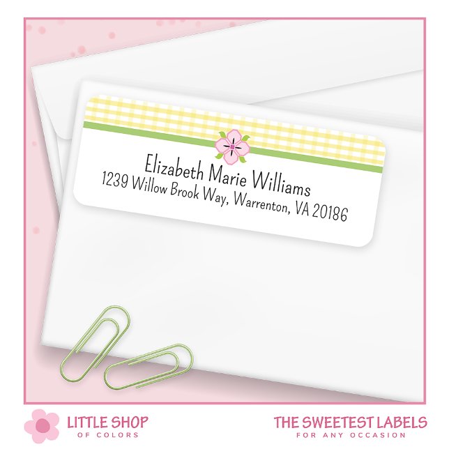 Etiqueta Endereço de devolução de Gingham Floral Amarelo (Criador carregado)