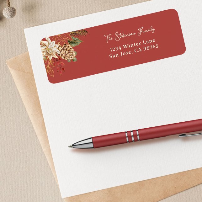 Etiqueta Endereço de devolução de Poinsettia Natal Elegante (Criador carregado)