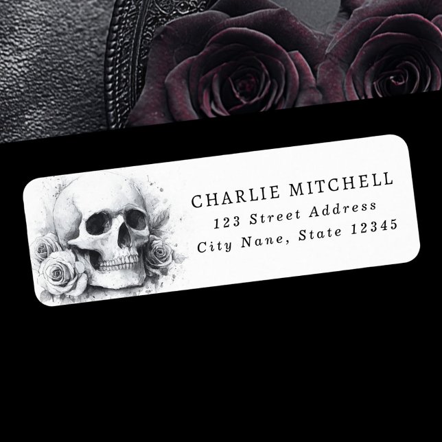Etiqueta Endereço de devolução do Dia das Bruxas com caveir (Skull with roses Halloween return address Label)