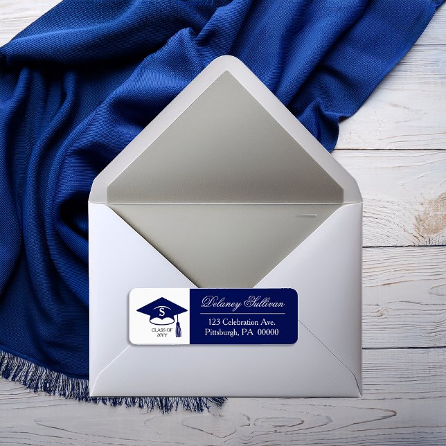 Etiqueta Endereço de devolução do Formandos azul Elegante (Elegant Blue and Silver Tone  College | University Graduation Monogram Return Address Label)