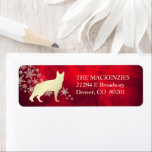 Etiqueta Endereço de devolução do German shepherd Vermelho<br><div class="desc">Este rótulo de endereço de retorno distinto apresenta uma imagem de German shepherd dourada em frente a um spray de flocos de neve de ouro ornamentado. A imagem é colocada sobre um plano de fundo vermelho gradiente que parece quase brilhar. Seu texto personalizado está em ouro pálido correspondente à direita...</div>