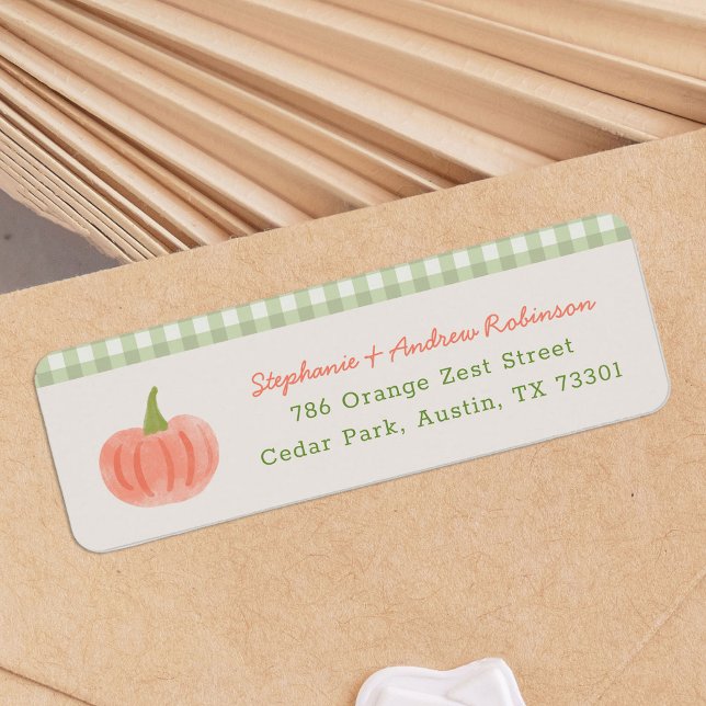 Etiqueta Endereço de Devolução do Mercado de Agricultores L (watercolour pumpkin return address labels with gingham pattern detail)
