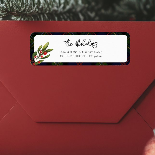Etiqueta Endereço de devolução do Tartan Clássico Russo da  (Red Berries Rustic Plaid Malcolm Tartan Return Address Label)
