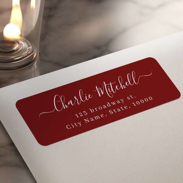 Etiqueta Endereço de devolução em escrita moderna em burgun (Burgundy Modern elegant script return address Label)