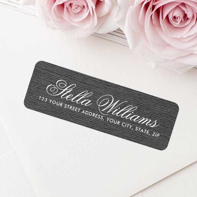 Etiqueta Endereço de devolução em script romântico de linho (Dark gray linen romantic script return address label)