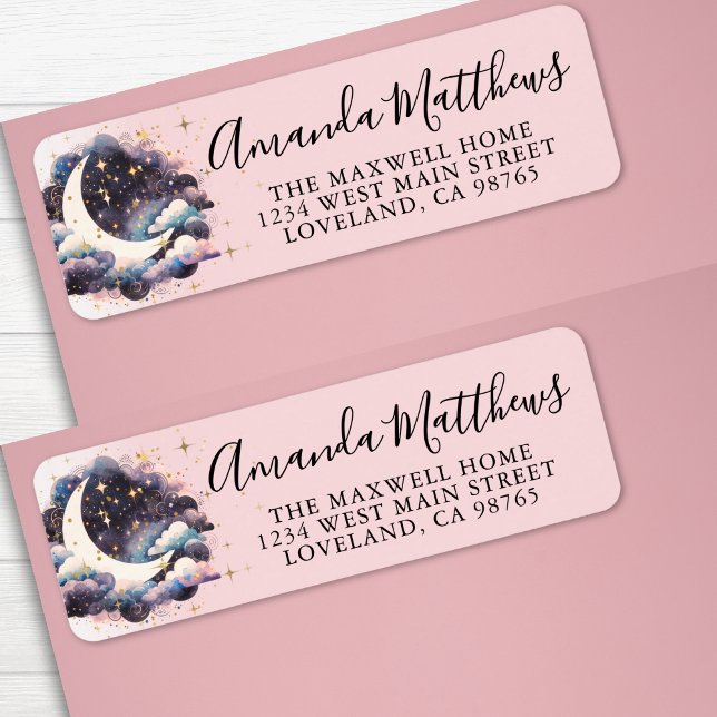 Etiqueta Endereço de Devolução para Chá de Bebê Menina Rosa (Over The Moon Pink Girl Baby Shower Return Address label )