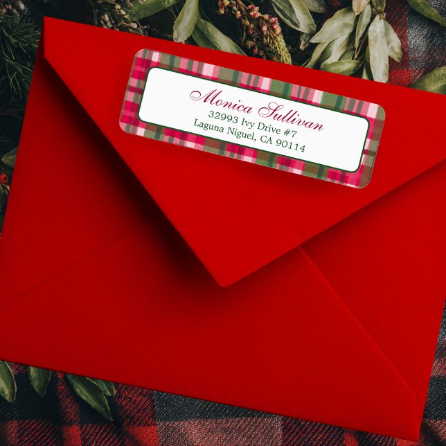 Etiqueta Endereço de Devolução PERSONALIZADO de Natal da Xa (Watercolor Plaid Christmas Holiday red Green Elegant Chic CUSTOM Return Address Label
)