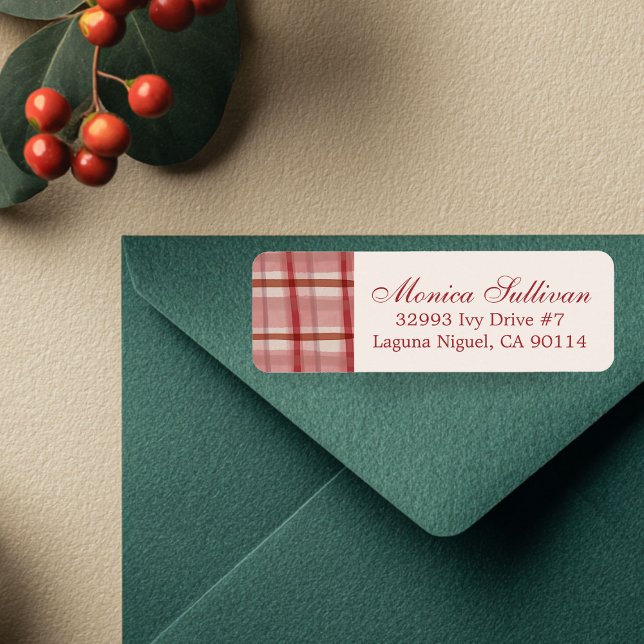 Etiqueta Endereço de Devolução PERSONALIZADO de Natal da Xa (Watercolor Red Plaid Christmas Holiday CUSTOM Return Address Label
)