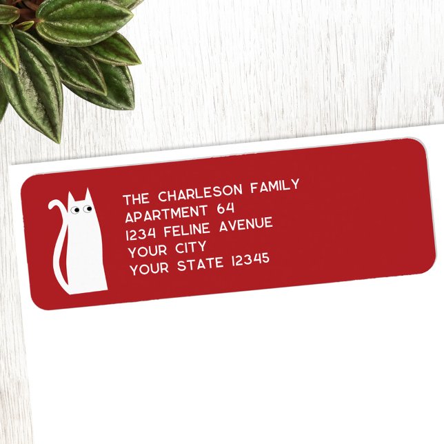 Etiqueta Endereço de devolução Red Cat Branca (White cat on red personalized return address label perfect for Christmas and the Winter Holidays)