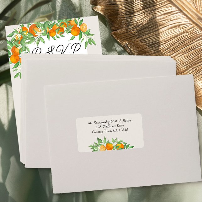 Etiqueta Endereço de Envelope RSVP de Flor Laranja (RSVP envelope address labels from the Orange Blossom Wedding Collection by Darling & May)