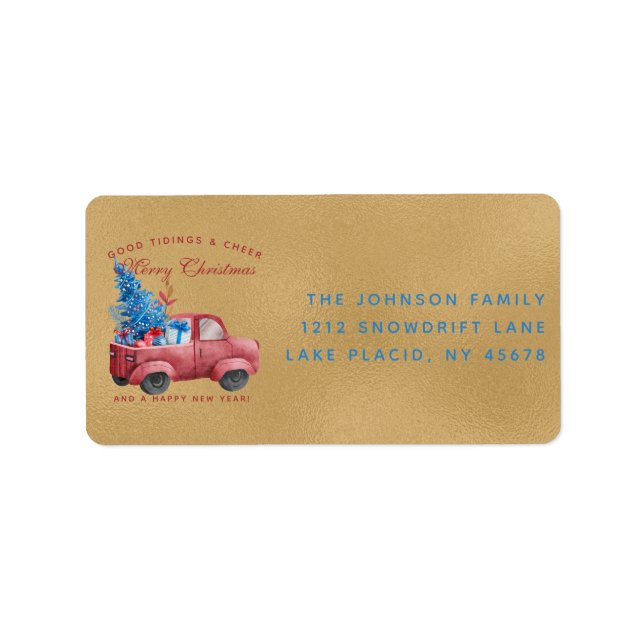 Etiqueta Endereço de Ilustração de Caminhão de Natal Vermel (Frente)