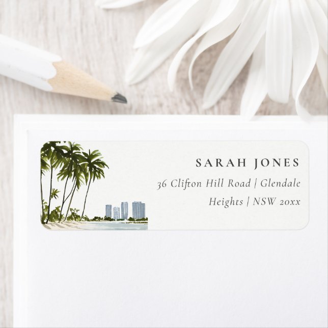 Etiqueta Endereço de Paisagem de Aquarela de Miami Florida (Insitu)