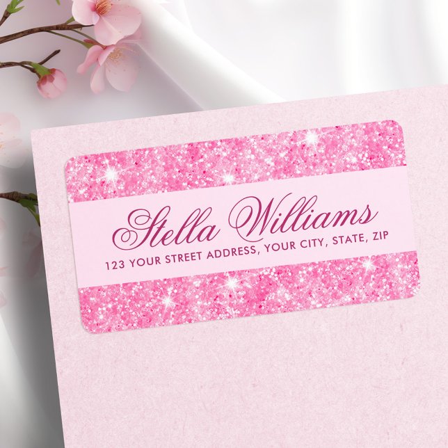 Etiqueta Endereço de retorno de brilho feminino brilhante r (Pink glitter girly glam return address label)