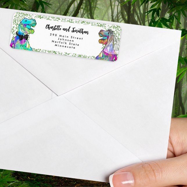 Etiqueta Endereço de Retorno de Casamento com Tema de Dinos (T-Rex bride and groom dinosaur wedding invitation envelope return address label)
