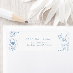 Etiqueta Endereço de Retorno de Casamento Floral Azul Poeir