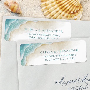 Etiqueta Endereço de Retorno de Casamento na Praia com Aqua