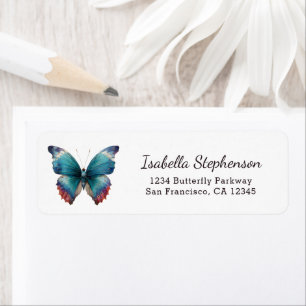 Etiqueta Endereço de Retorno Elegante Borboleta Verde Teal