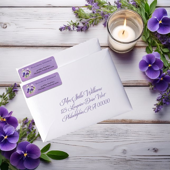 Etiqueta Endereço de Retorno Floral Roxo Violeta Boho Elega (Elegant Boho Purple Violets Lavender Floral Return Address Labels)